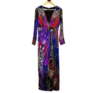Boston Proper maxi dress purple abstract scale long sleeve empire waist size 8